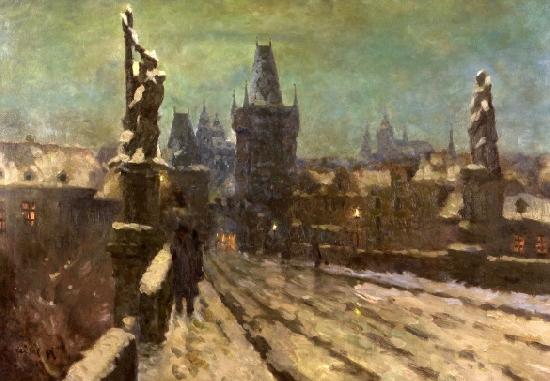 Stanislav Feikl Painting Winter on the Charles bridge France oil painting art